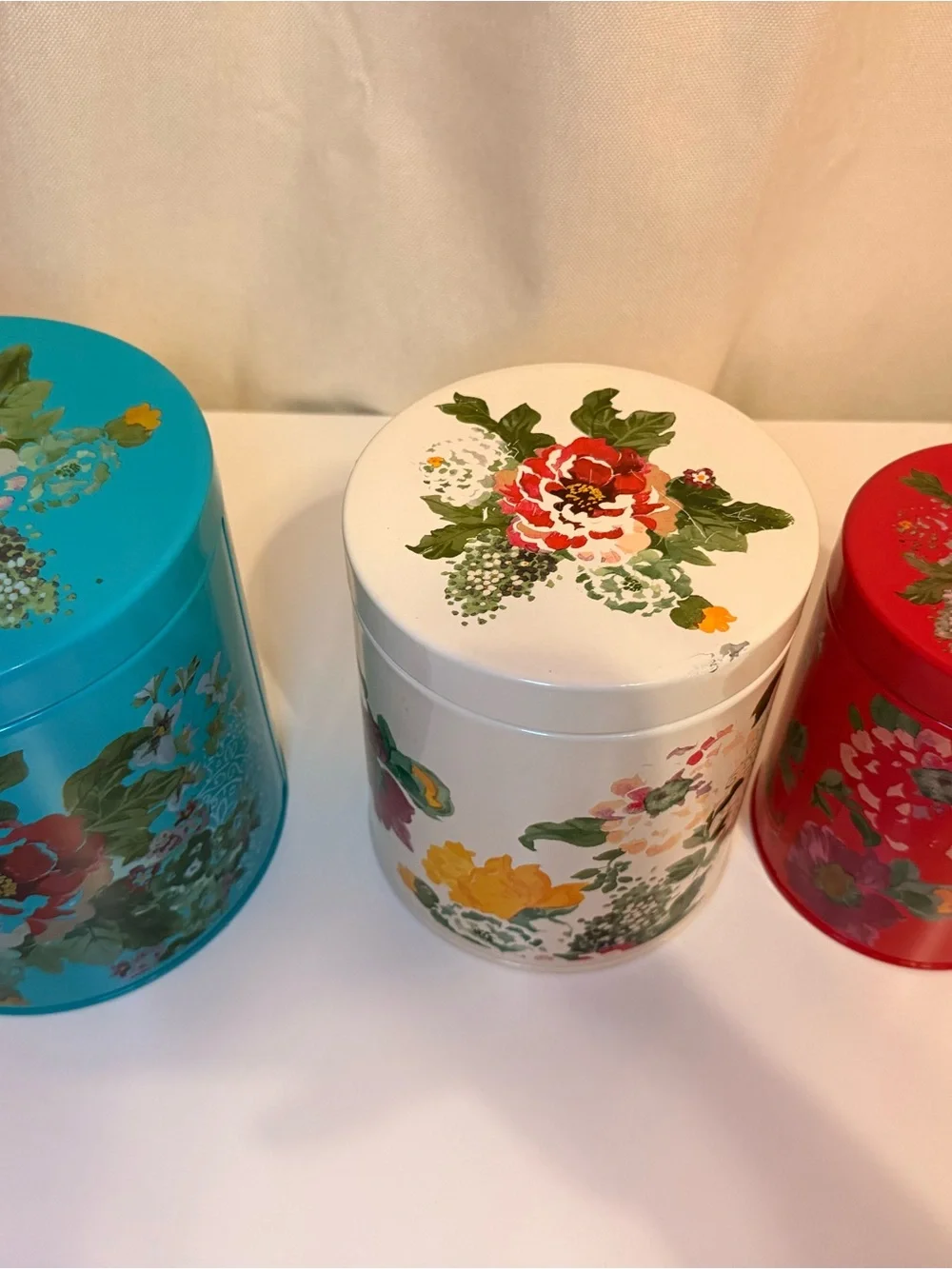 Set of 3 Pioneer Woman Metal Canisters with Lids Floral Meadow Original Labels